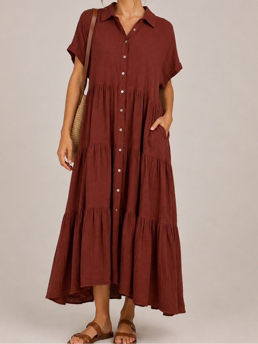 Petal + Pup Rust Brown Tiered Midi Shirt Dress Size 10 100% Cotton Pockets